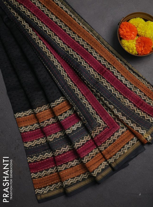 Chanderi silk cotton saree dark grey with plain body and long kantha stitch work border