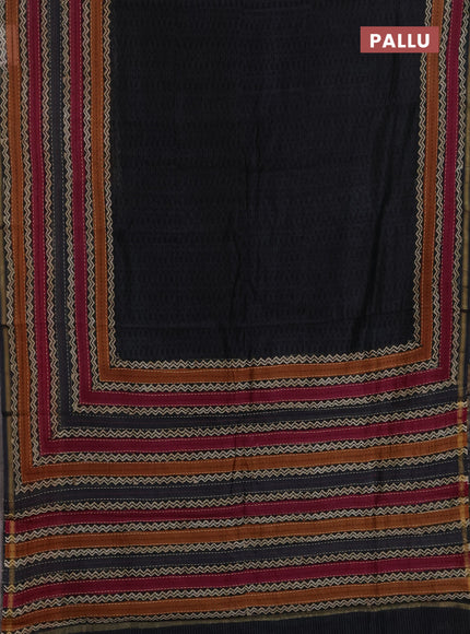 Chanderi silk cotton saree dark grey with plain body and long kantha stitch work border