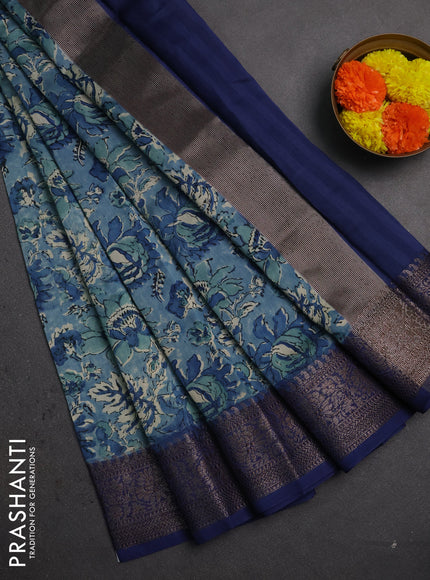 Chanderi silk cotton saree indigo blue with allover prints and banarasi style border