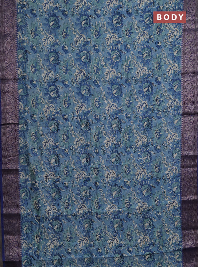 Chanderi silk cotton saree indigo blue with allover prints and banarasi style border