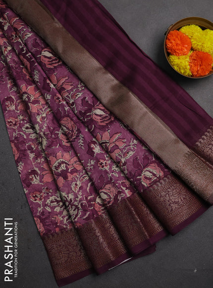 Chanderi silk cotton saree wine shade with allover prints and banarasi style border