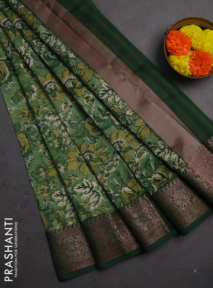 Chanderi silk cotton saree green with allover prints and banarasi style border