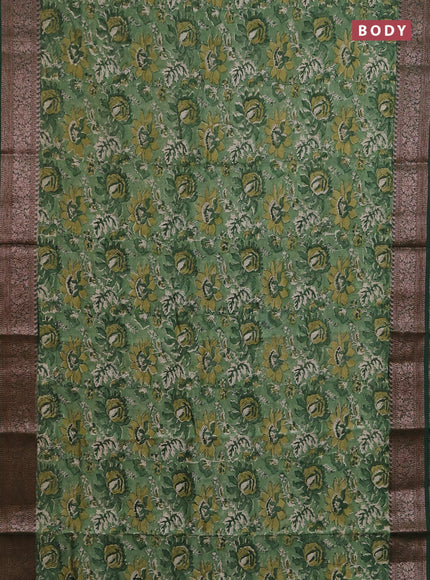 Chanderi silk cotton saree green with allover prints and banarasi style border