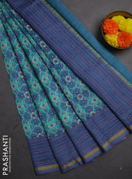 Chanderi silk cotton saree teal green and pastel blue with allover patola prints and long kantha stitch work border
