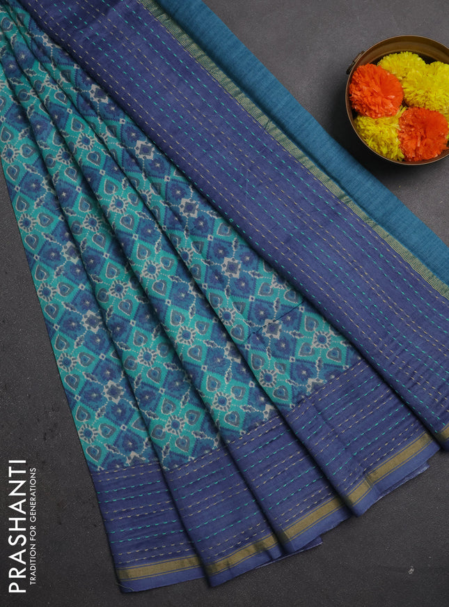 Chanderi silk cotton saree teal green and pastel blue with allover patola prints and long kantha stitch work border