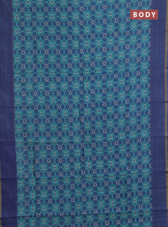 Chanderi silk cotton saree teal green and pastel blue with allover patola prints and long kantha stitch work border