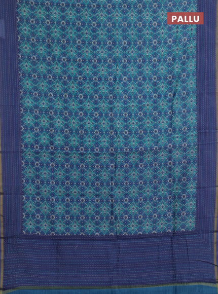 Chanderi silk cotton saree teal green and pastel blue with allover patola prints and long kantha stitch work border