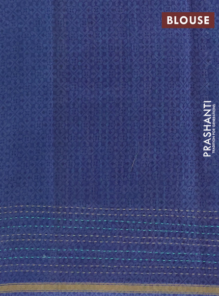 Chanderi silk cotton saree teal green and pastel blue with allover patola prints and long kantha stitch work border