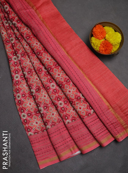 Chanderi silk cotton saree peach pink with allover patola prints and kantha stitch work border