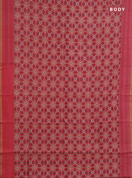 Chanderi silk cotton saree peach pink with allover patola prints and kantha stitch work border