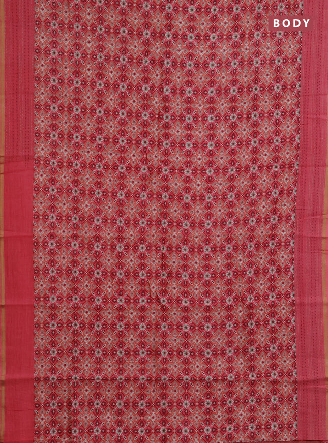 Chanderi silk cotton saree peach pink with allover patola prints and kantha stitch work border
