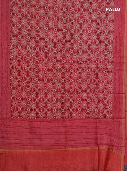 Chanderi silk cotton saree peach pink with allover patola prints and kantha stitch work border