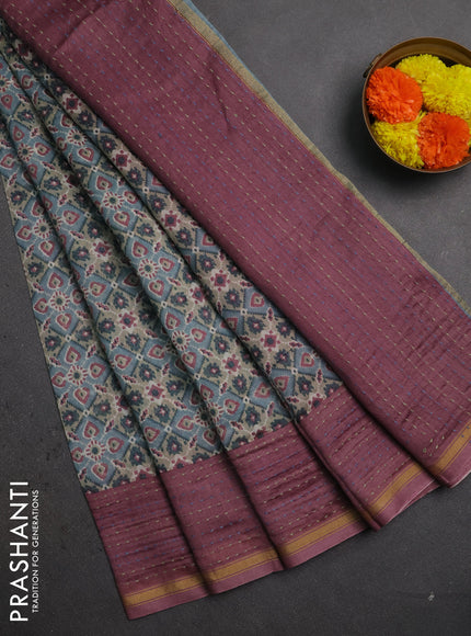 Chanderi silk cotton saree beige grey and pastel pink with allover patola prints and long kantha stitch work border