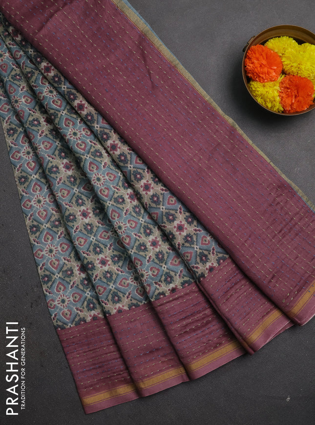 Chanderi silk cotton saree beige grey and pastel pink with allover patola prints and long kantha stitch work border