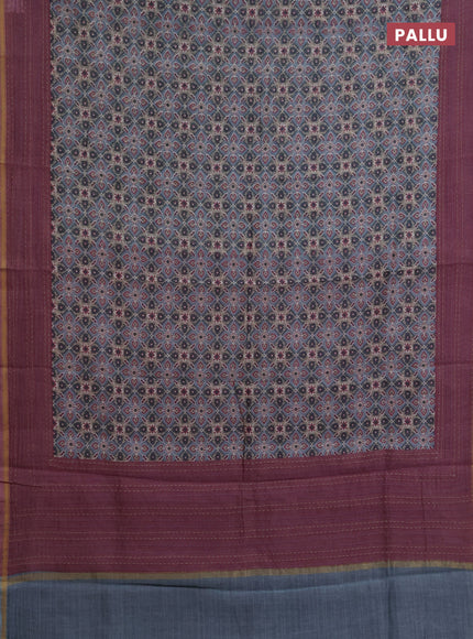 Chanderi silk cotton saree beige grey and pastel pink with allover patola prints and long kantha stitch work border