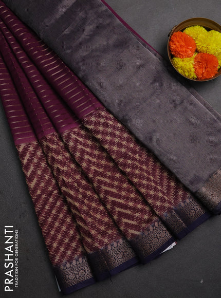 Chanderi silk cotton saree wine shade and navy blue with allover thread & zari weaves and long printed banarasi style border