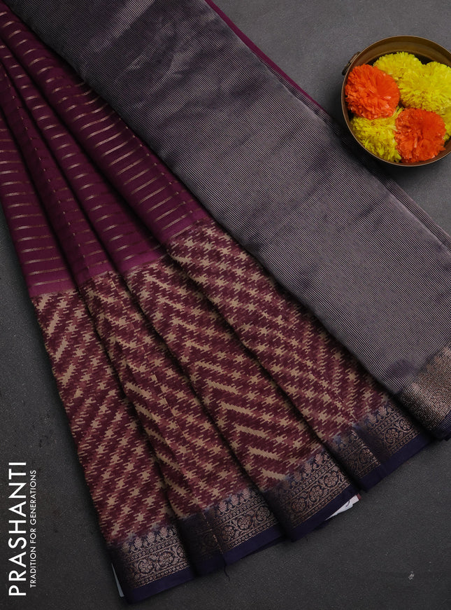Chanderi silk cotton saree wine shade and navy blue with allover thread & zari weaves and long printed banarasi style border