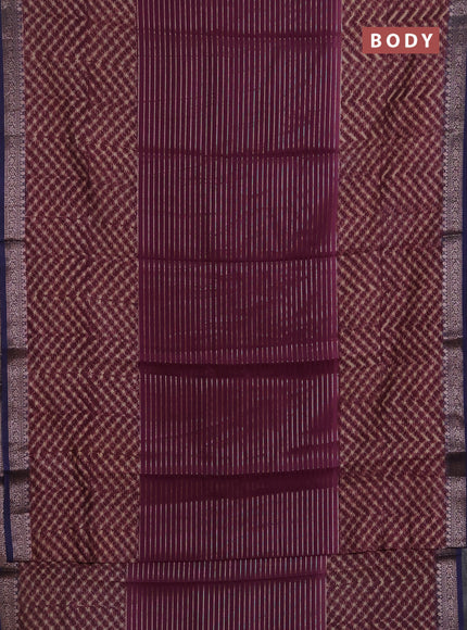 Chanderi silk cotton saree wine shade and navy blue with allover thread & zari weaves and long printed banarasi style border