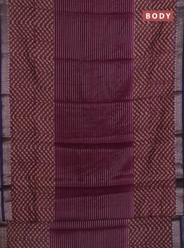 Chanderi silk cotton saree wine shade and navy blue with allover thread & zari weaves and long printed banarasi style border