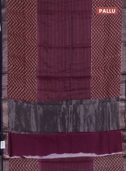 Chanderi silk cotton saree wine shade and navy blue with allover thread & zari weaves and long printed banarasi style border