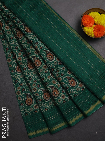 Chanderi silk cotton saree green with allover prints and kantha stitch work border