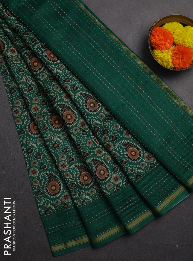 Chanderi silk cotton saree green with allover prints and kantha stitch work border