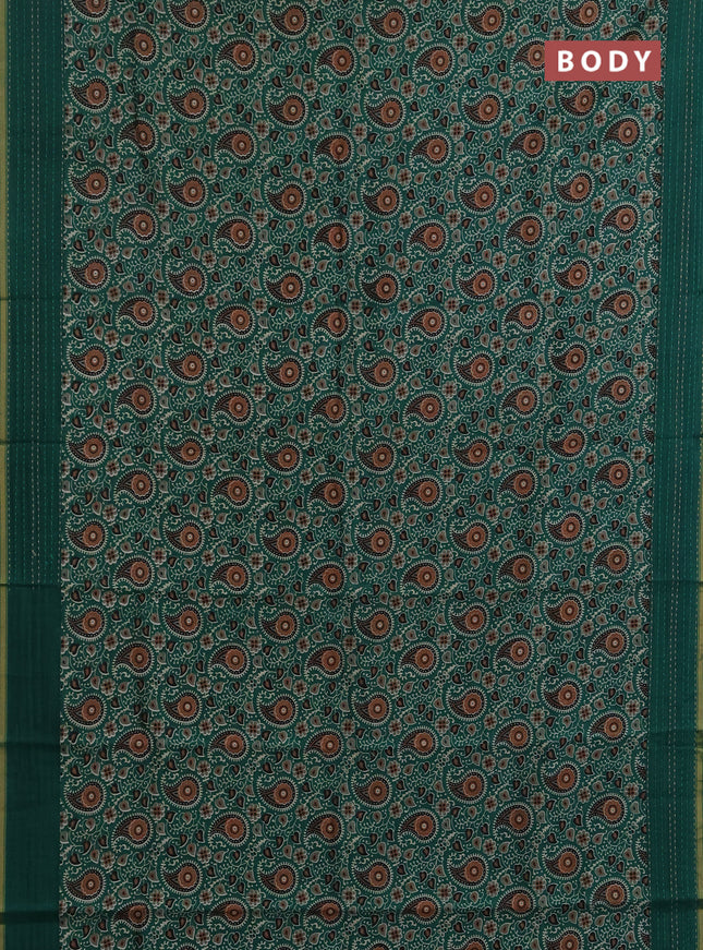 Chanderi silk cotton saree green with allover prints and kantha stitch work border