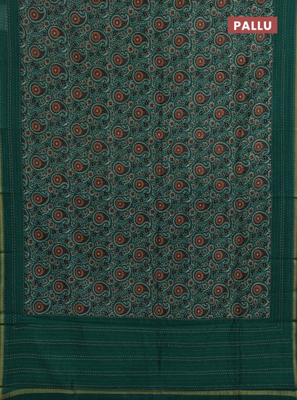 Chanderi silk cotton saree green with allover prints and kantha stitch work border