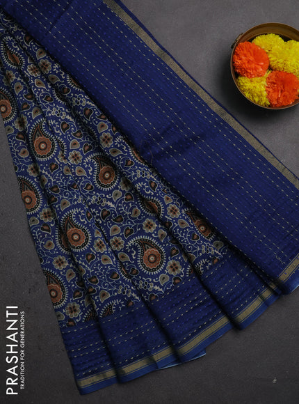 Chanderi silk cotton saree blue with allover prints and kantha stitch work border