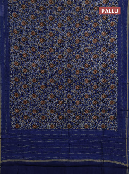 Chanderi silk cotton saree blue with allover prints and kantha stitch work border