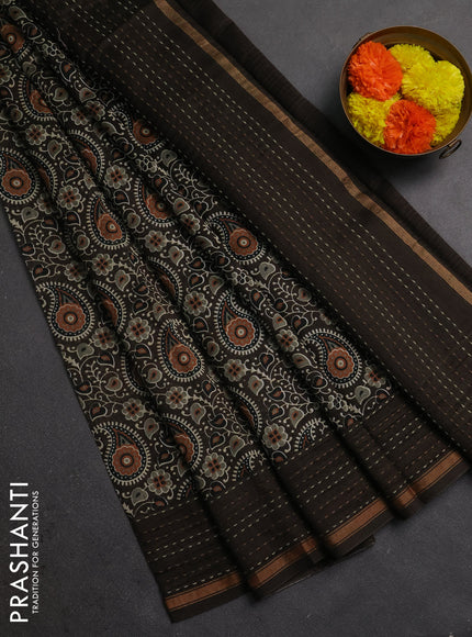 Chanderi silk cotton saree coffee brown with allover kalamkari prints and kantha stitch work border