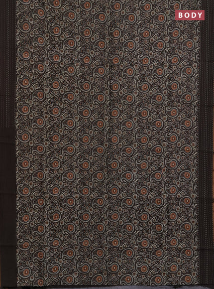 Chanderi silk cotton saree coffee brown with allover kalamkari prints and kantha stitch work border