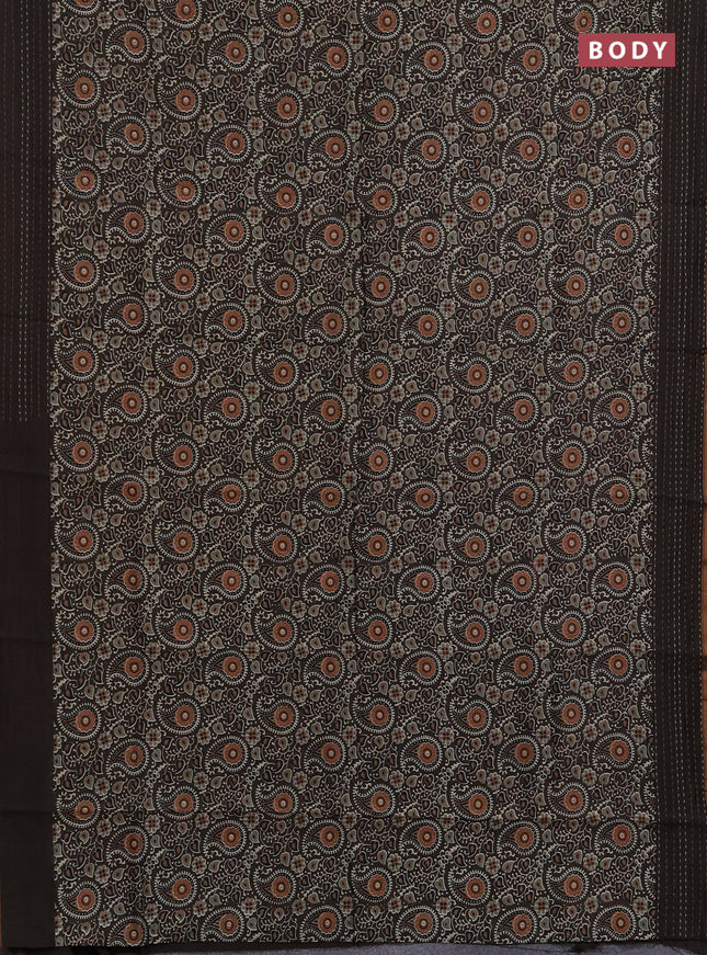 Chanderi silk cotton saree coffee brown with allover kalamkari prints and kantha stitch work border