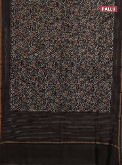 Chanderi silk cotton saree coffee brown with allover kalamkari prints and kantha stitch work border