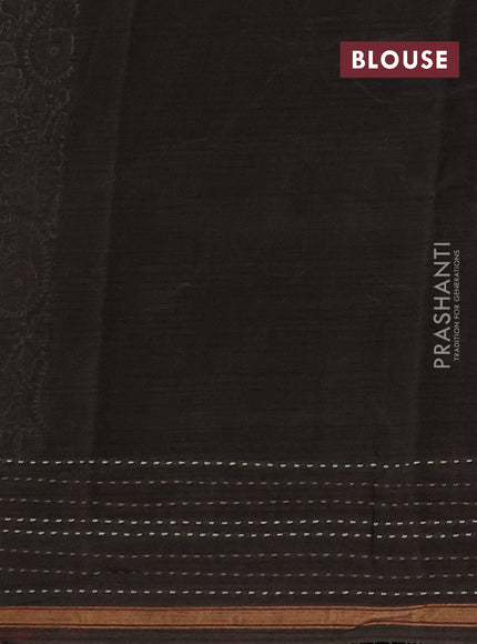 Chanderi silk cotton saree coffee brown with allover kalamkari prints and kantha stitch work border