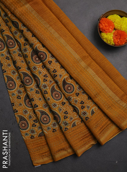Chanderi silk cotton saree mustard yellow with allover ajrakh prints and kantha stitch work border