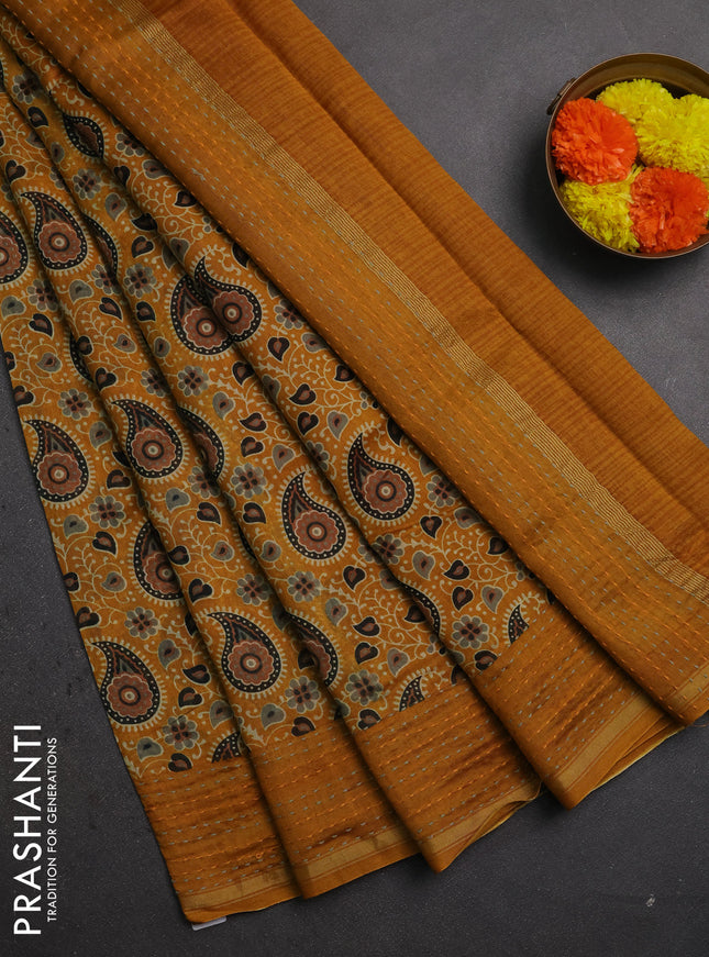 Chanderi silk cotton saree mustard yellow with allover ajrakh prints and kantha stitch work border