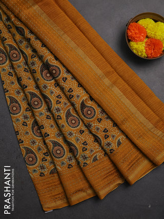 Chanderi silk cotton saree mustard yellow with allover ajrakh prints and kantha stitch work border