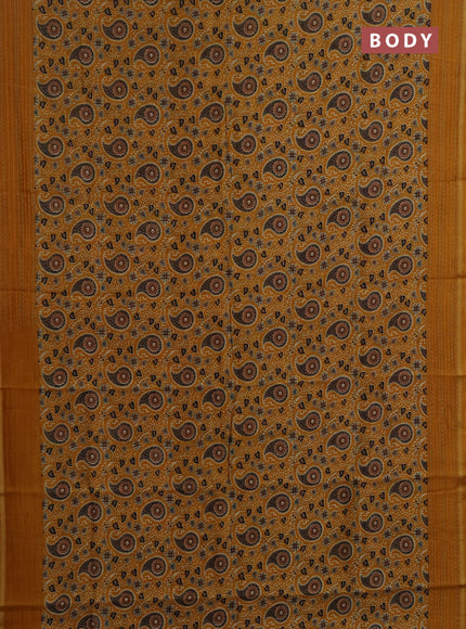 Chanderi silk cotton saree mustard yellow with allover ajrakh prints and kantha stitch work border