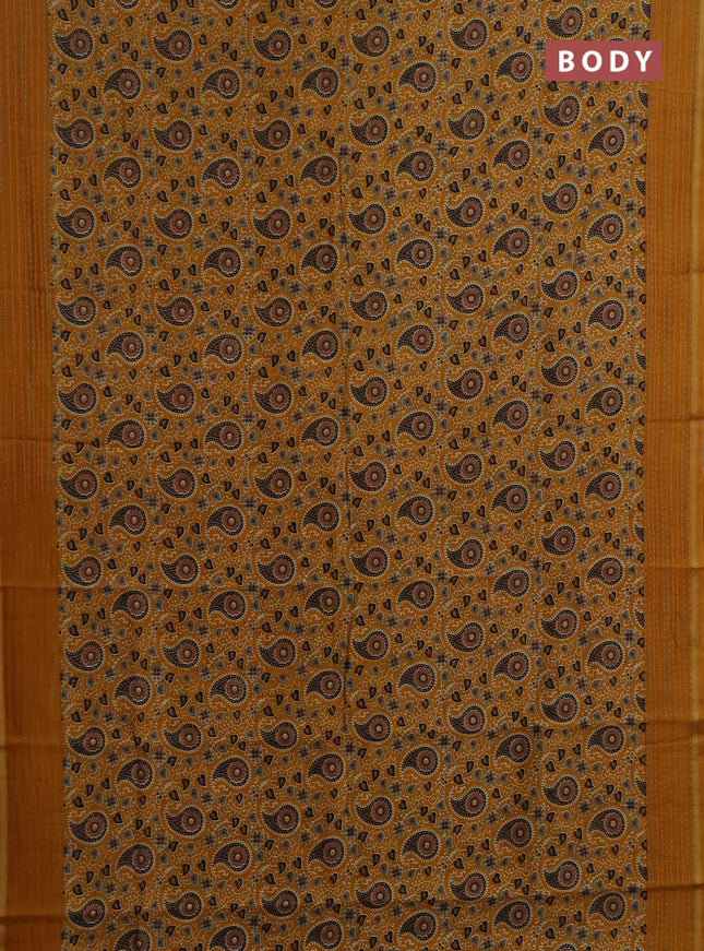 Chanderi silk cotton saree mustard yellow with allover ajrakh prints and kantha stitch work border