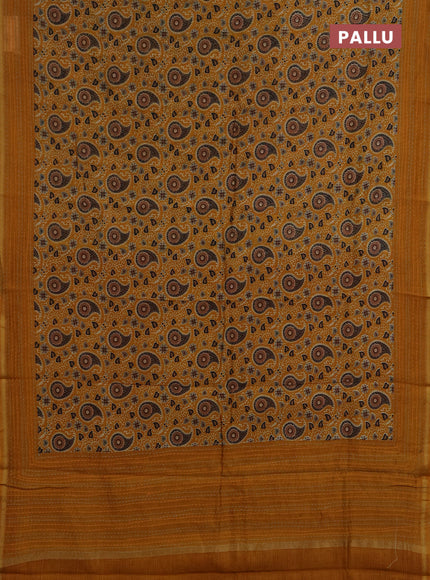 Chanderi silk cotton saree mustard yellow with allover ajrakh prints and kantha stitch work border