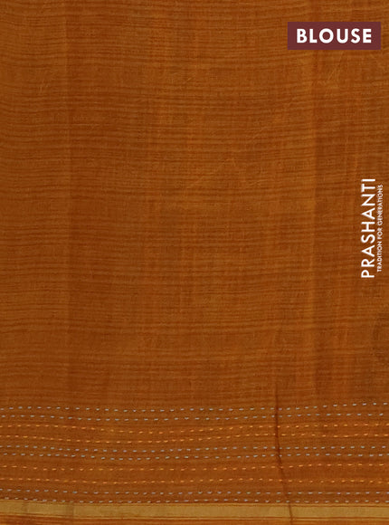 Chanderi silk cotton saree mustard yellow with allover ajrakh prints and kantha stitch work border