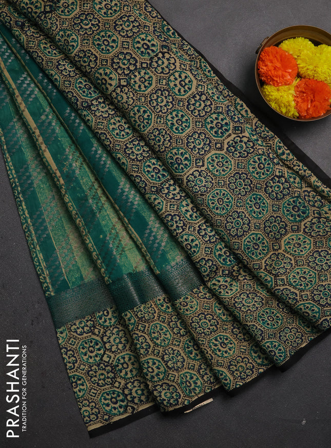 Chanderi silk cotton saree green with allover prints & banarasi weaves and banarasi style printed border