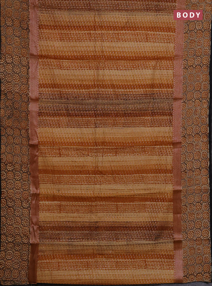 Chanderi silk cotton saree dark mustard and black with allover prints & banarasi weaves and banarasi style printed border