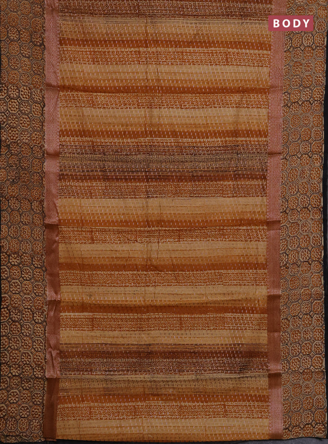 Chanderi silk cotton saree dark mustard and black with allover prints & banarasi weaves and banarasi style printed border