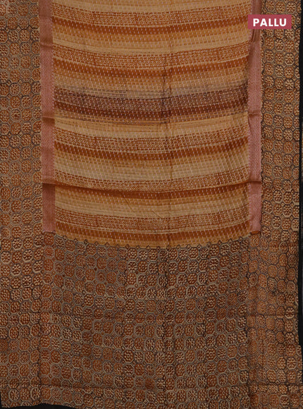 Chanderi silk cotton saree dark mustard and black with allover prints & banarasi weaves and banarasi style printed border