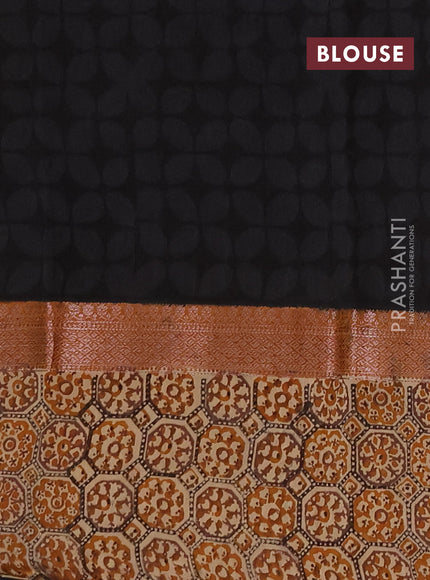 Chanderi silk cotton saree dark mustard and black with allover prints & banarasi weaves and banarasi style printed border