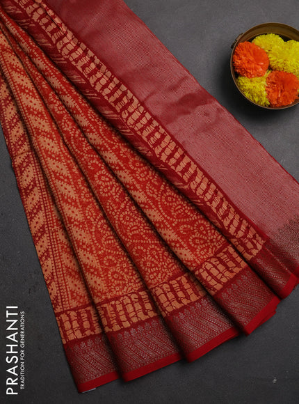 Chanderi silk cotton saree peach shade and red with allover prints and banarasi style border