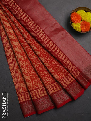 Chanderi silk cotton saree peach shade and red with allover prints and banarasi style border