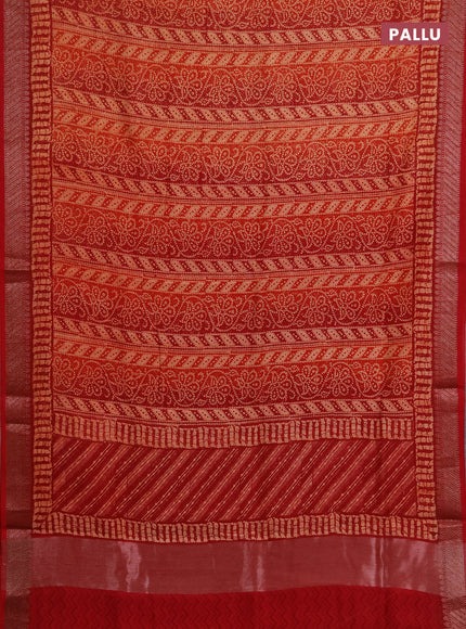 Chanderi silk cotton saree peach shade and red with allover prints and banarasi style border